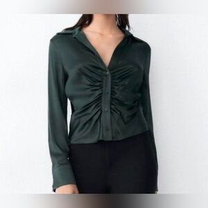 Zara dark green satin long sleeve blouse with ruching size small. NWT